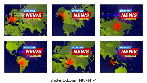 Forest fires newspaper headline concept. Fires places on world map, banner design template for news, social media or web. Vector illustration.