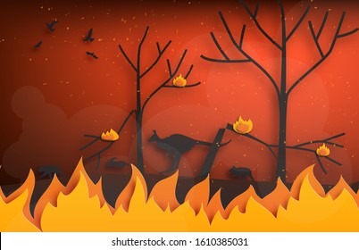 Forest Fires With Silhouettes Of Wild Animals Fleeing Fire In Paper Cut Style. Digital Craft Paper Art.