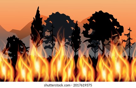 Forest fires summer 2021, realistic fire and trees in the forest, vector illustration