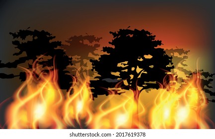 Forest fires summer 2021, realistic fire and trees in the forest, vector illustration