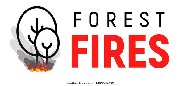 Forest fires. Two trees with bonfire under them. Flat line logo template. Isolated vector illustration on white background.