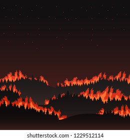 Forest fires vector panorama of the natural landscape, night silhouette, background. Fire in the forest. Flat design
