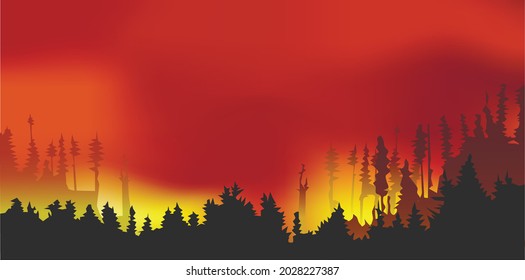 Forest fires , wildfire disaster illustration, burning trees, nature in danger vector design. Natural ecology disaster. Burning trees and blaze wood at night. Flaming woodland.