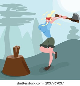 Forest. Firewood. Lumberjack. Axe. Young woman. Female. Nature. The character. Vector illustration.