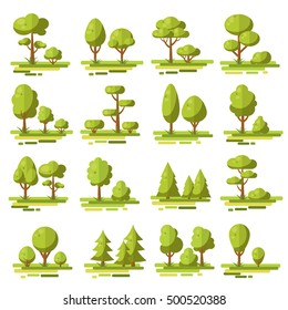 Forest flat elements set with coniferous and deciduous trees and bushes of various shape isolated vector illustration