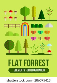 Forest flat set. Beautiful elements: tree, rainbow, mushroom, Bush, Christmas tree, fir tree, butterfly, fence, cloud, rain.