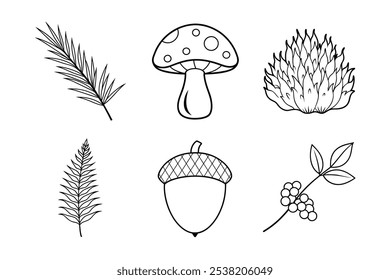 Forest Floor Elements Line Art Bundle – Mushrooms, Pine Needle, Fern Leaf, Moss, Acorn, and Berry Twig