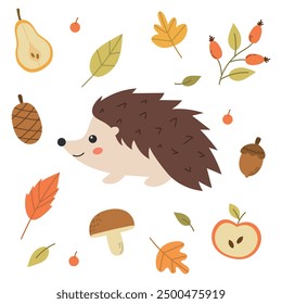 Forest flora and fauna, seasonal autumn harvest, hedgehog, dry leaves, pine cone, acorn, twigs, fruits and berries, hand drawn vector illustration