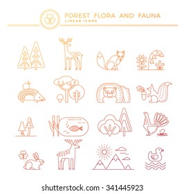 Forest flora and fauna. Set of linear vector icons.Trendy graphic style.