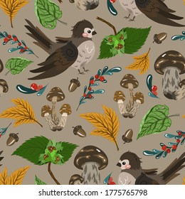 Forest flora and fauna: sparrows, berries and mushrooms. Autumn nature in vector illustration. Seamless illustration for your design.