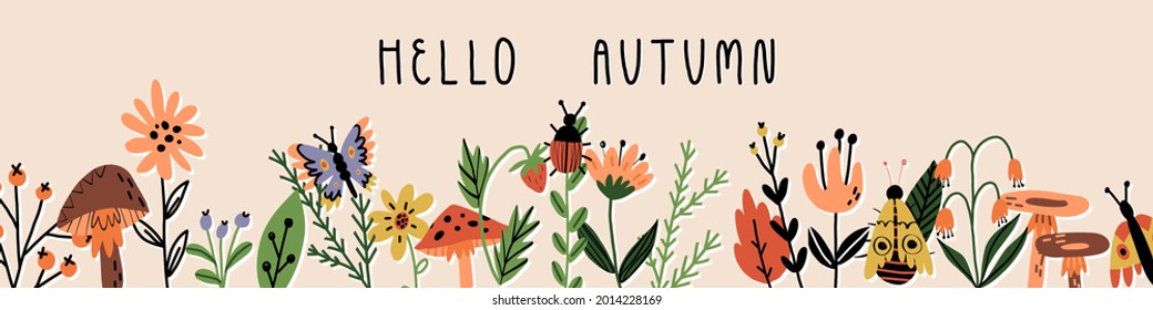 Forest flora and insects banner with lettering and hand-drawn pattern. Various bloomy flowers, leaves, plants, mushrooms, wild berries, cute bugs and butterflies. Cartoon vector illustration.