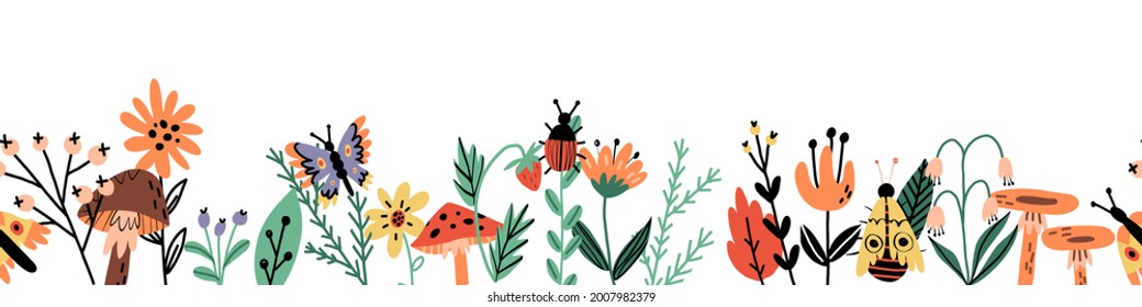 Forest flora and insects isolated seamless pattern. Various bloomy flowers, leaves, plants, mushrooms, wild berries, cute bugs and butterflies. Cartoon vector hand-drawn illustration for fabric print.