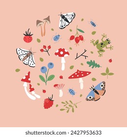 Forest flora and insects, nature items set, cartoon style. Various plants, wild berries, moth and butterflies. Goblincore aesthetics. Pink pastel colors. Trendy vector illustration, hand drawn, flat