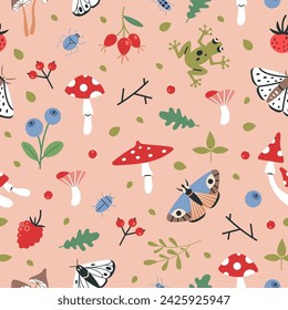 Forest flora and insects seamless pattern, cartoon style. Various plants, wild berries, moth and butterflies. Goblincore aesthetics. Pink pastel colors. Trendy vector illustration, hand drawn, flat