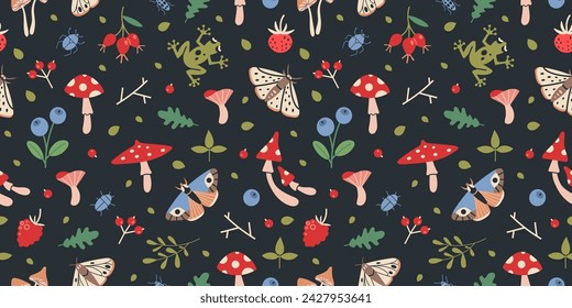 Forest flora and insects seamless pattern on a dark background, cartoon style. Various plants, wild berries, moth and butterflies. Goblincore aesthetics. Trendy vector illustration, hand drawn, flat