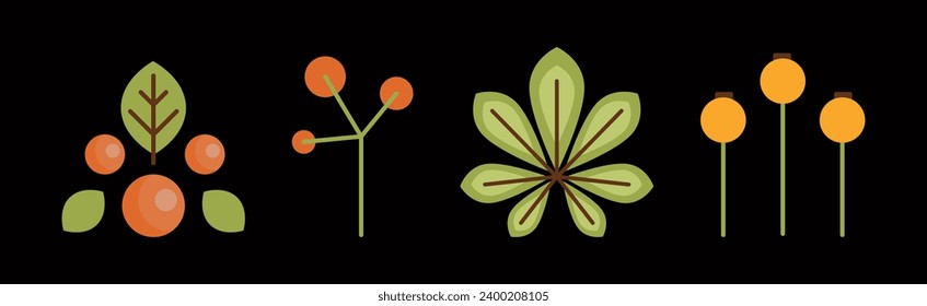 Forest Flora and Plant Flat Icon on Black Background Vector Set