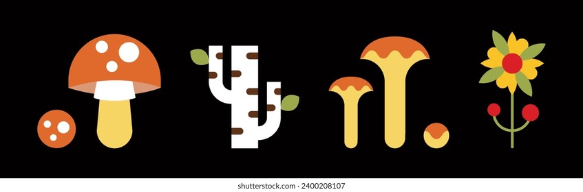 Forest Flora and Plant Flat Icon on Black Background Vector Set