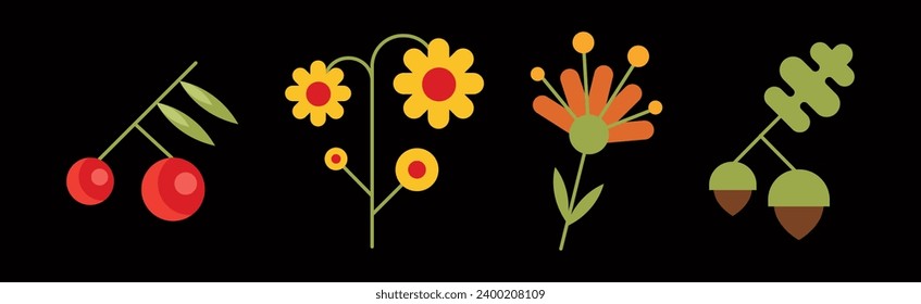 Forest Flora and Plant Flat Icon on Black Background Vector Set
