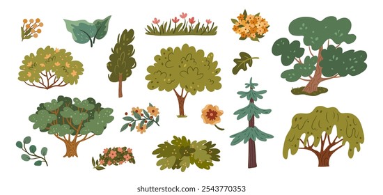 Forest floral elements. Vector in flat style, isolated evergreen trees and bushes with lush foliage. Flowers in blossom, meadow or field decoration, landscaping design of park or garden