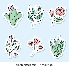 Forest floral flowers stickers isolated design element set. Vector graphic design illustration