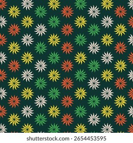 Forest floral seamless pattern with colorful blooms on dark green base. Perfect for art and crafts, digital paper, fabric printing, textile printing, packaging, scrapbooking, gift wrap, background and