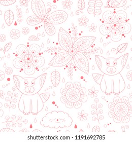 Forest floral seamless pattern with foxes, snail, butterfly.