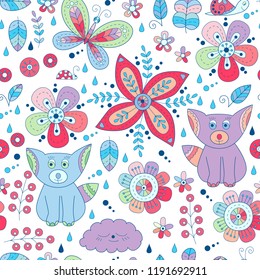 Forest floral seamless pattern with foxes, snail, butterfly.