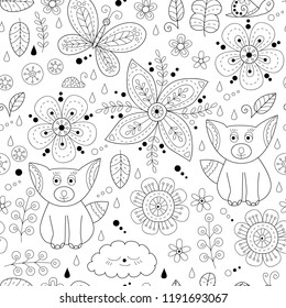 Forest floral seamless pattern with foxes, snail, butterfly.