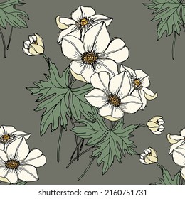 Forest flowers anemona. Vector version. Floral seamless pattern.