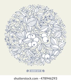Forest flowers, apples, wild berries and fruits. Vector. Hand drawn artwork. Love bohemia concept for wedding invitations, cards, tickets, congratulations, branding, boutique logo, label. Monochrome