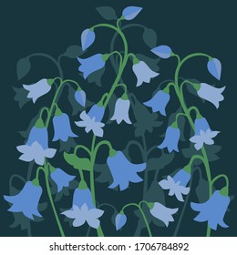 Wald blüht blaue Glocken mit Schatten auf dunkelblauem Hintergrund. Vektorillustration-Bild.