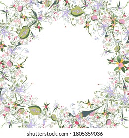 Forest flowers in elegant wreath.Square greeiting card with different floral elements for festive and season design