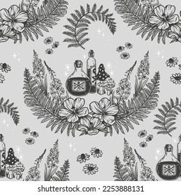 Forest flowers , ferns and potions. Seamless pattern with vector hand drawn illustrations