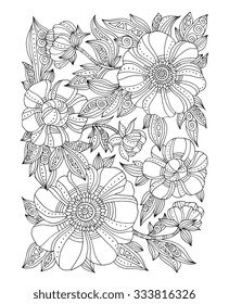 Forest flowers, floral pattern, peonies blossom, leaves. Vector. Coloring book page for adults. Hand drawn artwork. Bohemia concept for wedding invitation, card, branding, logo label. Black and white