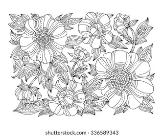Forest flowers, floral pattern, peonies blossom, leaves. Vector. Coloring book page for adults. Hand drawn artwork. Bohemia concept for wedding invitation, card, branding, logo label. Black and white