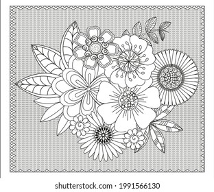Forest flowers, leaves and berries. Vector coloring book pages for adult and children. Hand drawn illustration. Love bohemian concept for wedding invitations, cards, congratulations, branding