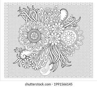 Forest flowers, leaves and berries. Vector coloring book pages for adult and children. Hand drawn illustration. Love bohemian concept for wedding invitations, cards, congratulations, branding