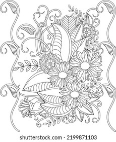 Forest flowers, leaves and berries. Vector coloring book pages for adult and children. Hand drawn illustration. Love bohemian concept for wedding invitations, cards, flower coloring book for adults