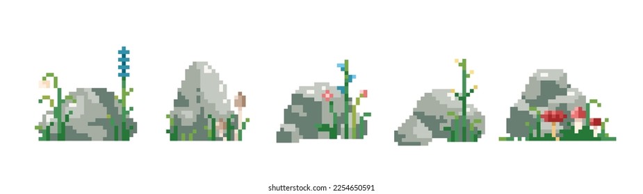 Forest flowers and mushrooms in pixel art style. 8 bit rocks set. Collection on 8 bit rocks boulders and stones with grass and other natural elements. Vector isolated illustrations. 