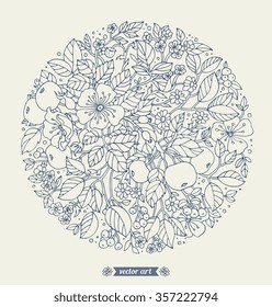 Forest flowers pattern, wild berries, apple fruits. Vector ornamental artwork. Love bohemia concept for wedding invitation cards, tickets, branding, boutique logo, label. Dark blue grey, beige colors