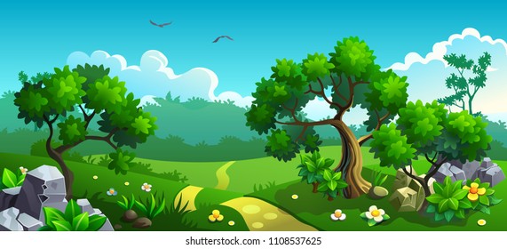 Forest with flowers and trees. Vector landscape panorama.