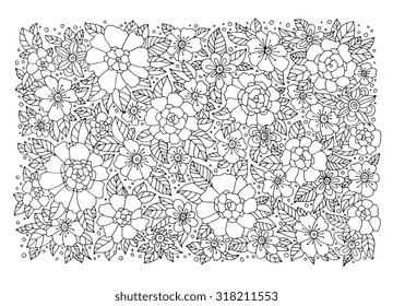 Forest flowers. Vector coloring book pages. Hand drawn artwork. Love bohemia concept for wedding invitations, cards, tickets, branding. Web and mobile interface. Coloring book page for adults