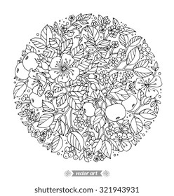 Forest flowers, wild berries, apple fruits. Vector artwork. Love bohemia concept for wedding invitations, cards, tickets, branding, boutique logo, label. Black and white. Coloring book page for adults