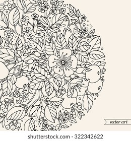 Forest flowers, wild berries and apple fruits. Vector. Hand drawn detailing line artwork. Love bohemia concept for wedding invitation, ticket, branding, boutique logo, label. Black and white, beige