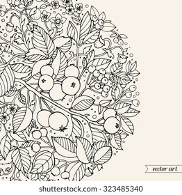 Forest flowers, wild berries and apple fruits. Vector. Hand drawn artwork. Love bohemia concept for wedding invitations, cards, tickets, branding, boutique logo, label. Black and white, beige