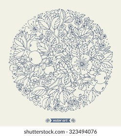 Forest flowers, wild berries and apple fruits. Vector. Hand drawn detailing artwork. Love bohemia concept for wedding invitations, cards, tickets, branding, boutique logo, label. Dark blue beige