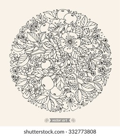 Forest flowers, wild berries, apple fruits wreath. Vector floral artwork. Love bohemia concept for wedding invitations, cards, tickets, branding, boutique logo, label. Black and white, grey, beige