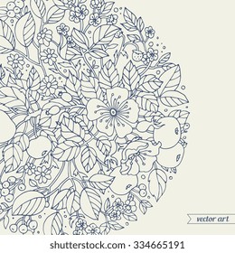 Forest flowers, wild berries, apple fruits wreath. Vector floral artwork. Love bohemia concept for wedding invitations, cards, tickets, branding, boutique logo, label. Monochrome dark grey blue, beige