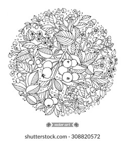 Forest flowers, wild berries and fruits. Vector. Hand drawn artwork. Love bohemia concept for wedding invitations, cards, tickets, congratulations, branding, boutique logo, label. Black and white