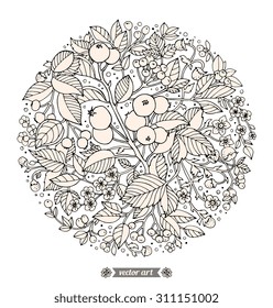 Forest flowers, wild berries and fruits. Vector Hand drawn artwork. Love bohemian concept for wedding invitations, cards, tickets, congratulations, branding, boutique logo, label Black and white, beige